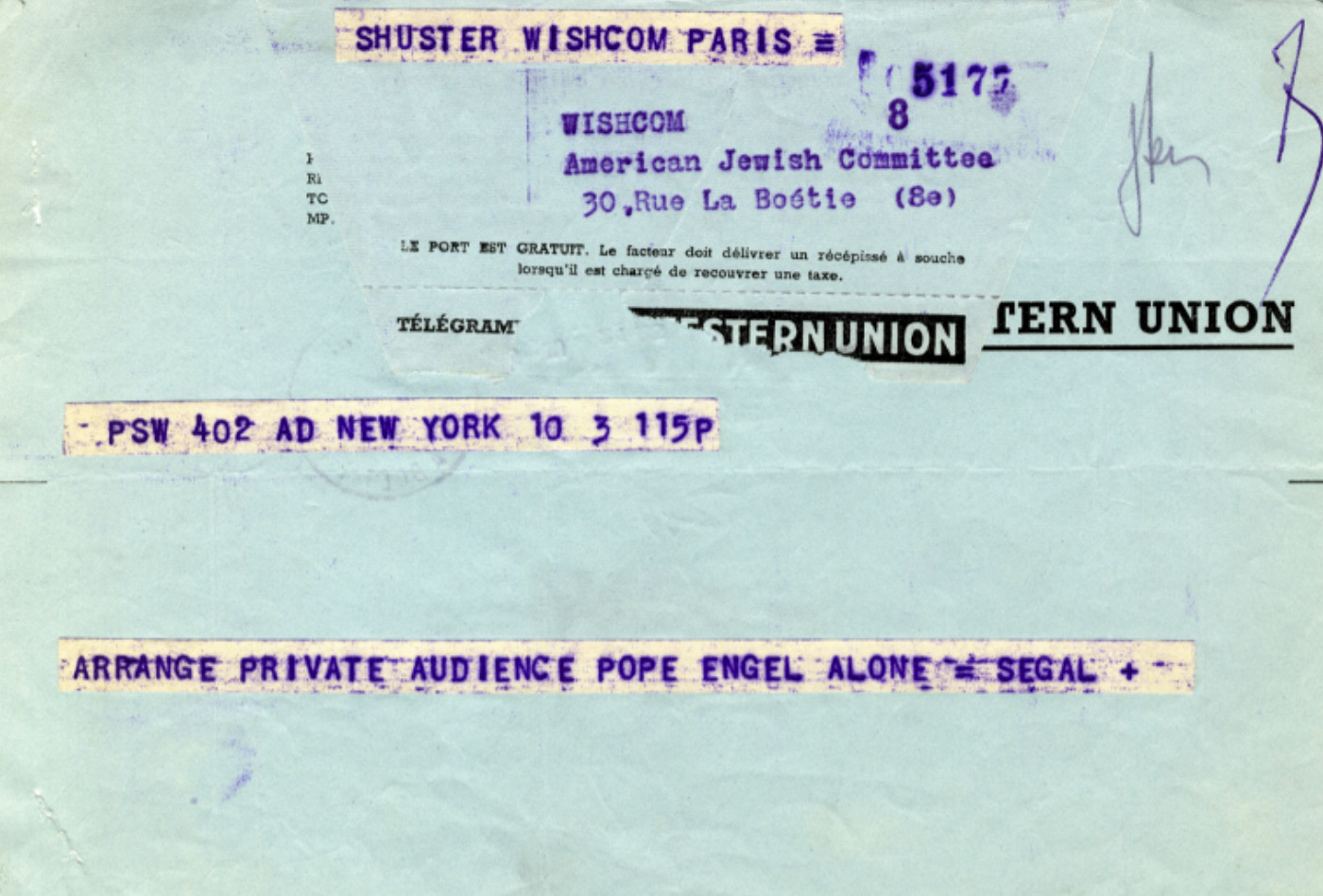 Le télégramme confirme le rendez-vous entre le Pape Pie XII et Irving Engel, président d’AJC, en 1957. 
