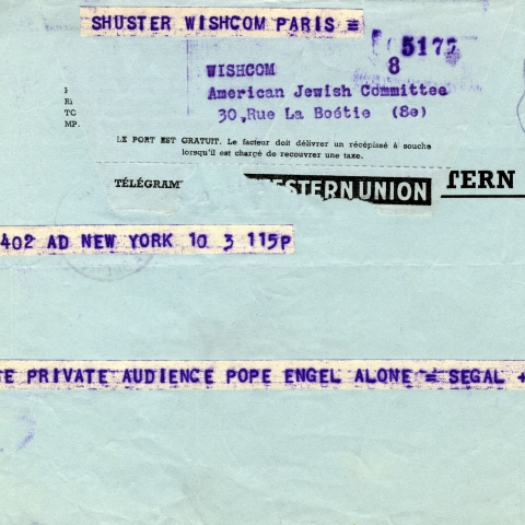 Le télégramme confirme le rendez-vous entre le Pape Pie XII et Irving Engel, président d’AJC, en 1957.