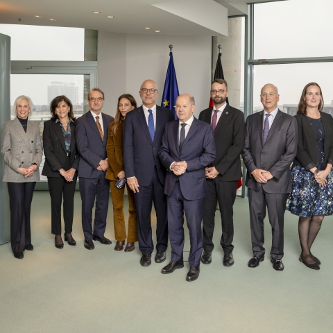 AJC CEO Ted Deutch, Jason Isaacson, Simone Rodan-Benzaquen, and AJC Berlin Director Remko Leemhuis were joined by four lay leaders including AJC Berlin Board Chair Allan Reich in Berlin for a meeting with German Chancellor Olaf Scholz